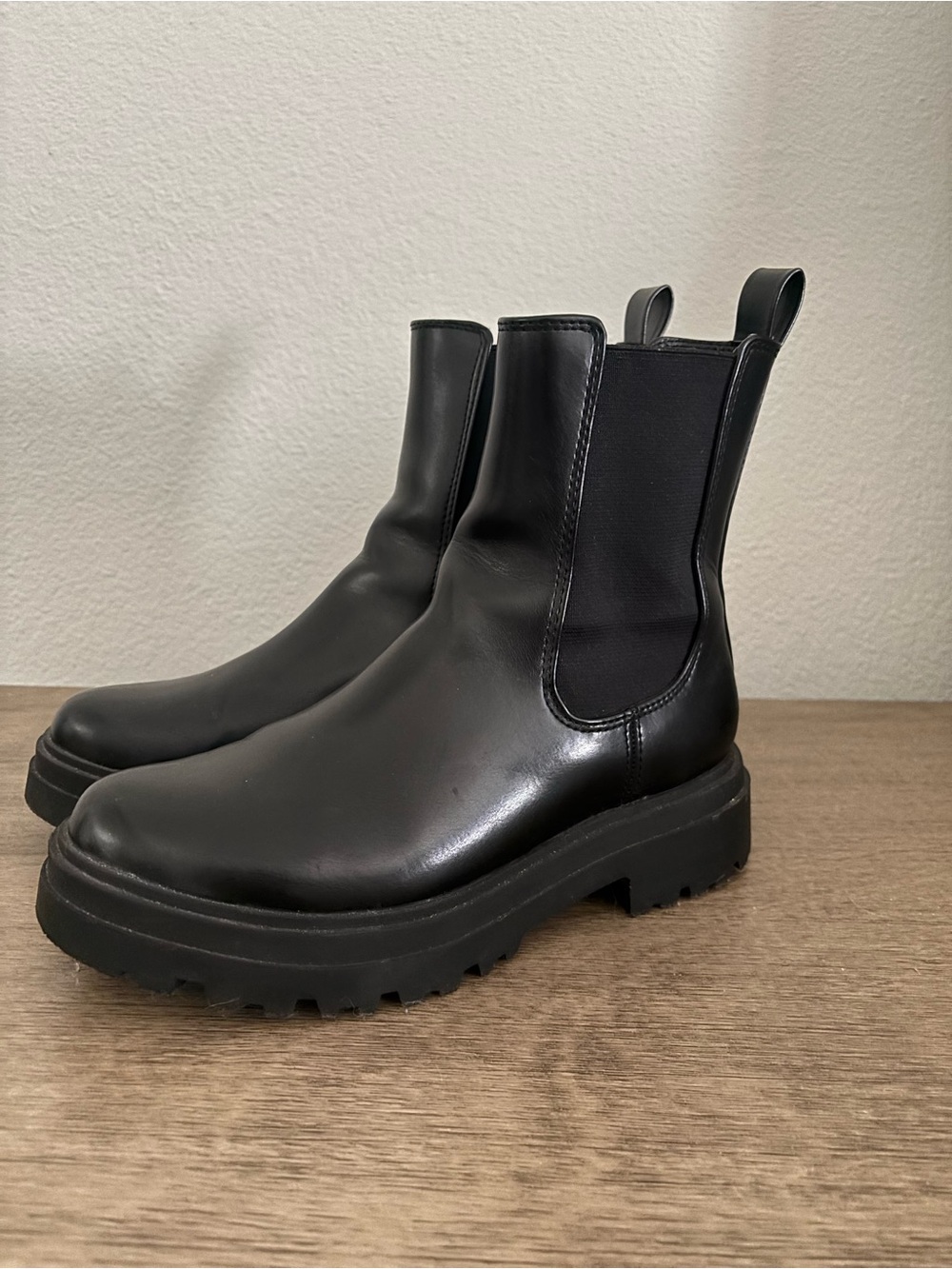 Black Leather Lug Sole Chelsea Boots